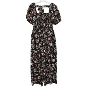Cottagecore Floral Smocked Jumpsuit Black Puff Sleeve Wide Leg We Love Fashion S